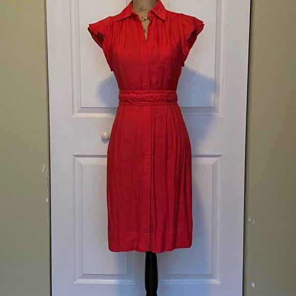 BCBGMaxAzria Red Flutter-Sleeve Dress with Matching Slip Dress, Belt - Picture 1 of 9